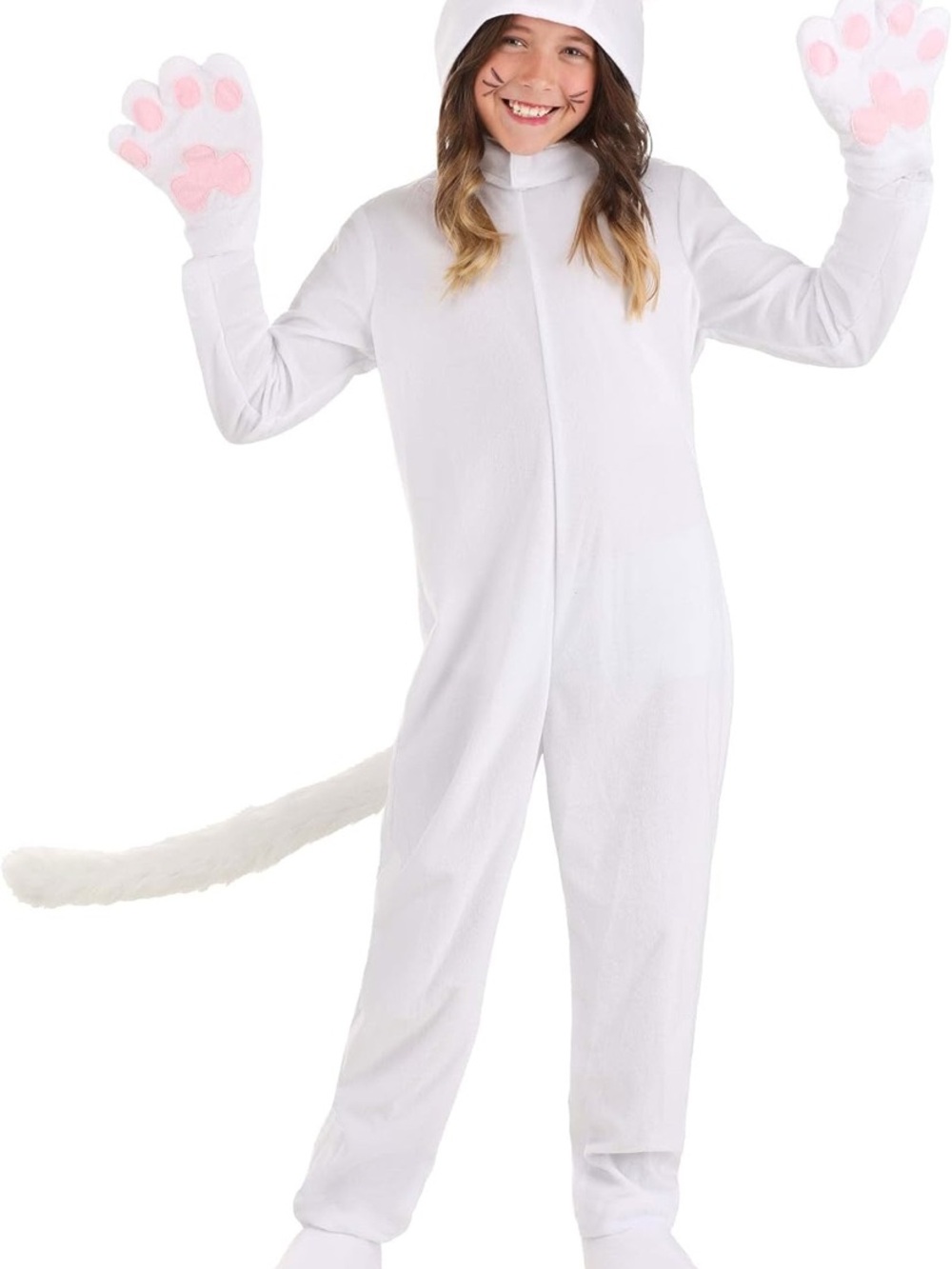 Kids White Cat Costume Jumpsuit with Paw Gloves Tail Hood and Shoe Covers Size M